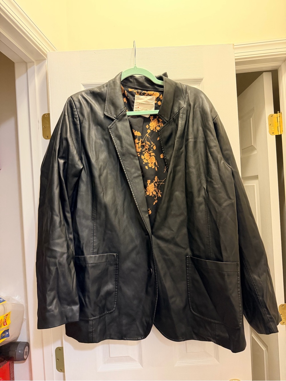 Anthropologie Black faux Leather Blazer with Floral Lining